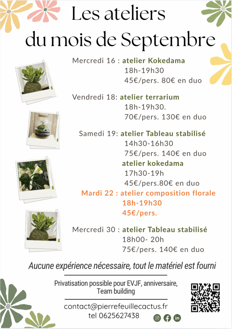 ateliers du mois de septembre, kokédama, terrarium , tableau stabilisé, art floral